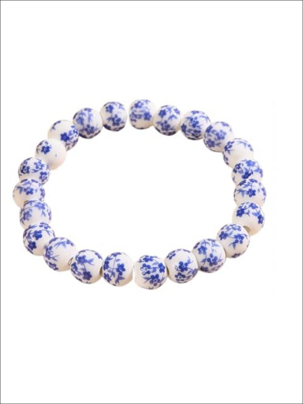 Handmade Ceramic Bead Bracelet Blue White Floral Stretch Adjustable